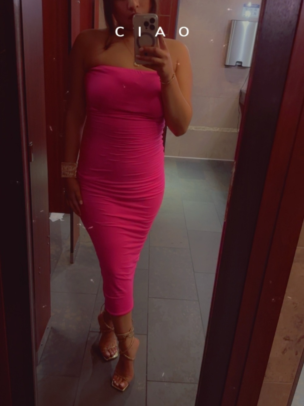 Strapless Ruched Midi Dress in Hot Pink